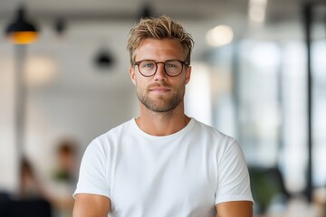 A portrait of a blonde man wearing glasses and a casual white t-shirt in a modern, bright office setting focused and mildly smiling at the camera.