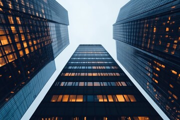 High-rise buildings reaching towards the overcast sky, creating a majestic cityscape that represents urbanization, ambition, and architectural innovation.