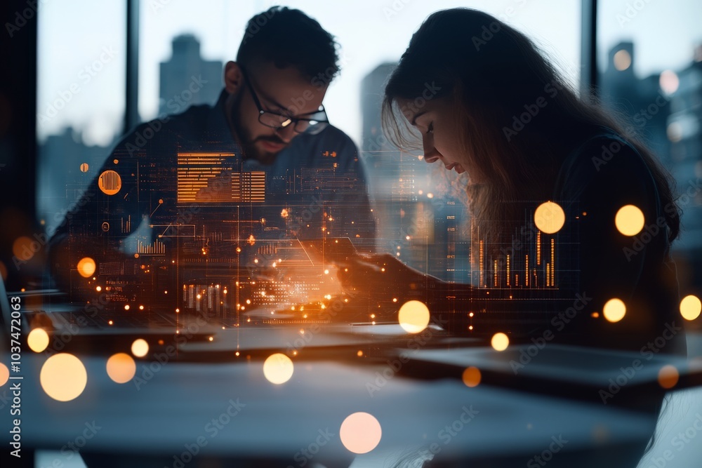 Poster this high-tech workplace image displays two colleagues intensely collaborating on a project, reflect