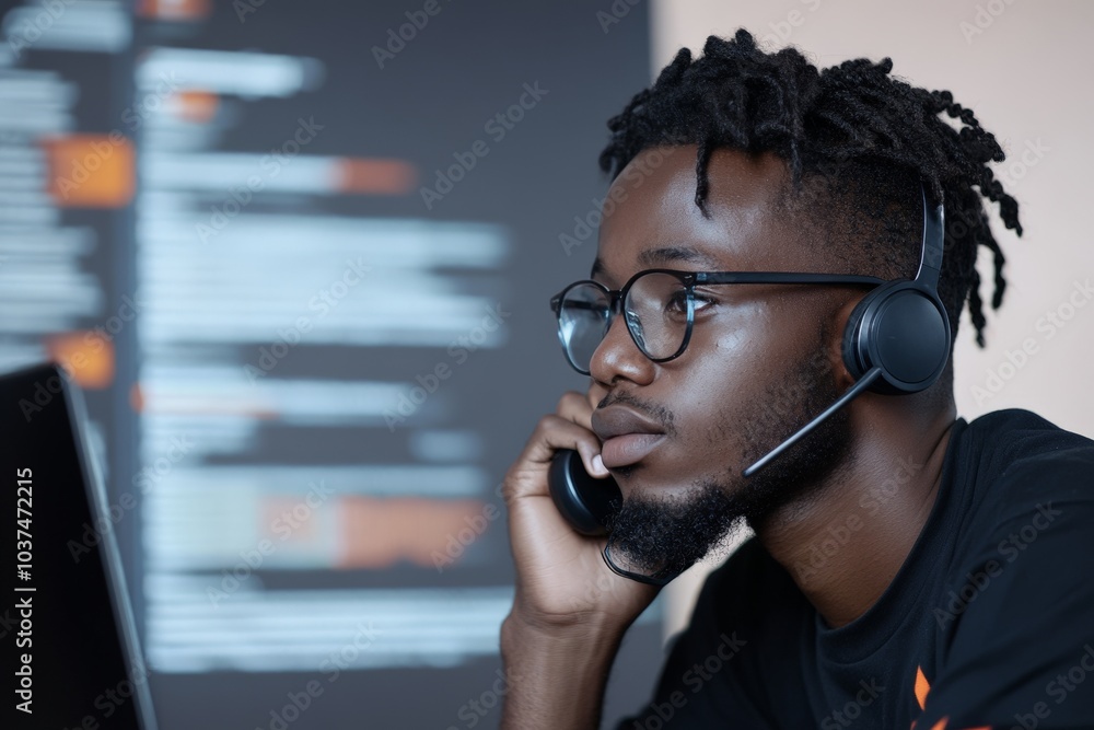 Poster a young programmer wearing glasses and a headset intensely focuses on his computer screen, surrounde