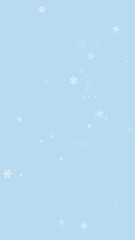 Snowy christmas background. Subtle flying snow flakes and stars on light blue winter backdrop. Delicate sweet snowy christmas. Vertical vector illustration.