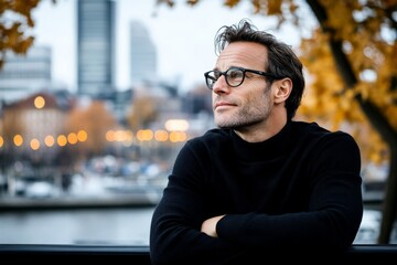 A thoughtful man wearing glasses gazes into the distance outside, surrounded by blurred autumn foliage, conveying contemplation and peacefulness.