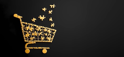 Shopping cart of gold puzzles on dark background. Holiday sales, shopping and delivery concept. For Black Friday, 11.11. Product design for poster, banner, card with copy space