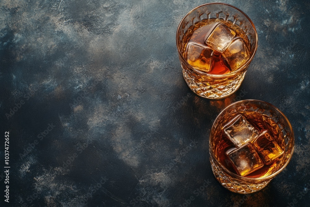 Poster two glasses of whiskey with ice resting on a textured dark surface. copy space for text
