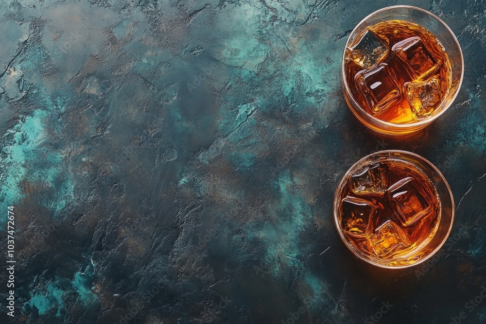 Poster two glasses of whiskey with ice resting on a textured dark surface. copy space for text