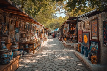 Fototapeta premium Tourists walking in outdoor market selling ceramics and souvenirs