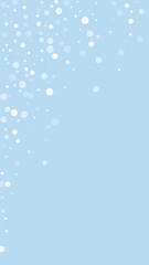 Falling snowflakes christmas background. Subtle flying snow flakes and stars on light blue winter backdrop. Beautifully falling snowflakes overlay. Vertical vector illustration.