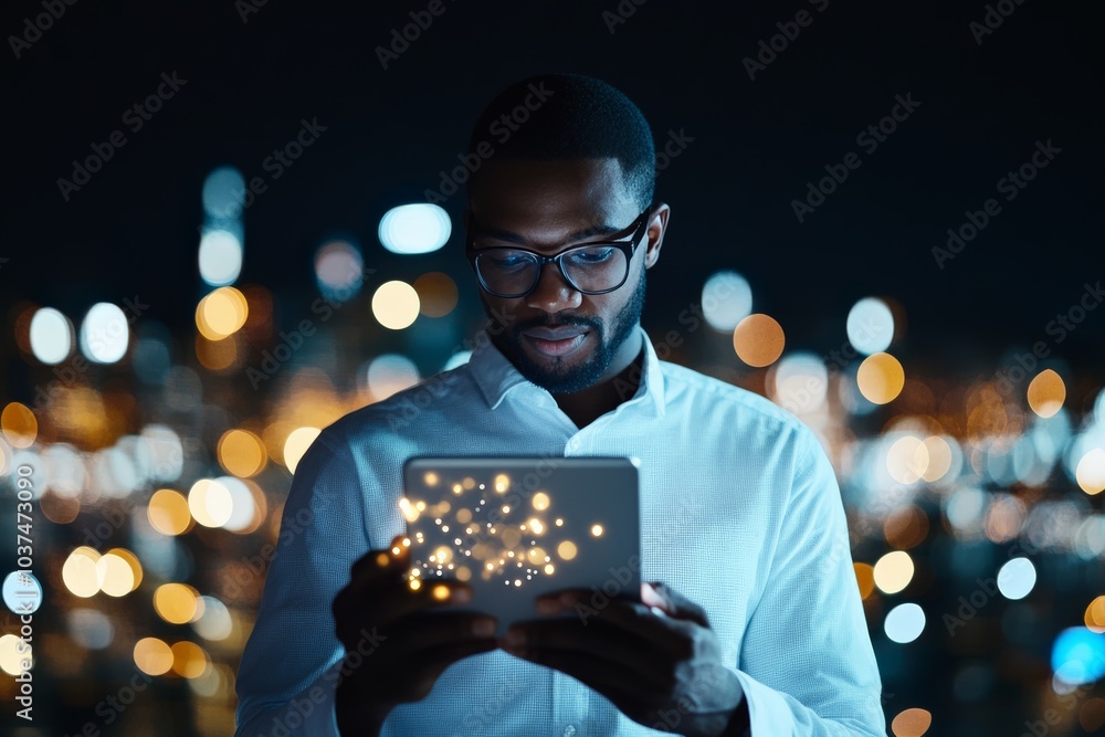 Poster a tech-savvy man with glasses engages with a tablet featuring a glowing, interactive interface again