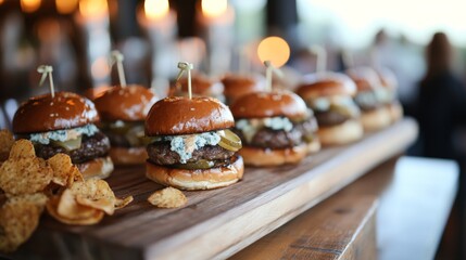 Obraz premium A mouthwatering sliders station featuring mini burgers with gourmet toppings like truffle aioli, caramelized onions, and blue cheese