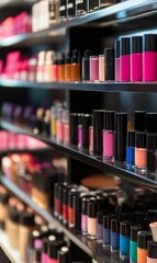 Nail polish bottles on shelves in a store.