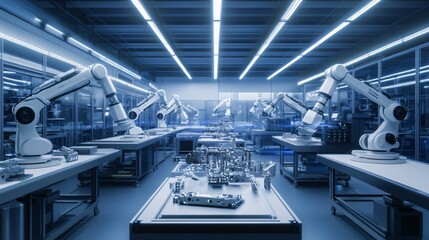 Naklejka premium A row of robotic arms work on a production line in a futuristic factory.