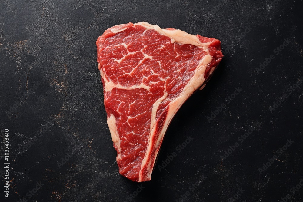 Poster raw t-bone steak with spices lying on dark stone background