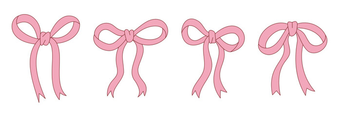 Outline Hand Drawn Pink Ribbon Coquette Vector Illustration in Vintage and Retro Style