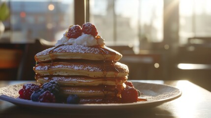 Fototapeta premium A mouthwatering stack of fluffy pancakes drizzled with maple syrup and topped with a dollop of whipped cream, Pancake stack centered, Soft morning sunlight streaming through a kitchen window