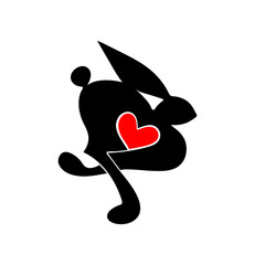 Jumping running bunny with heart on an isolated red background.Icon.