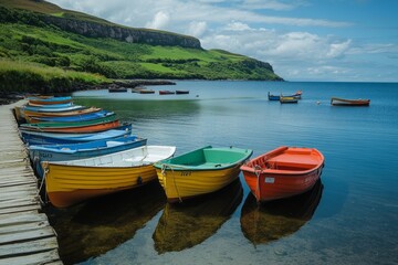 Fototapeta premium Colorful rowboats tied to a wooden dock on a lake with green hills