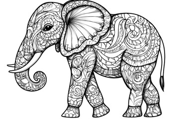 Obraz premium Elephant walking with trunk raised and floral pattern design children's coloring sheet