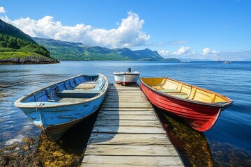 Obraz premium Three colorful wooden rowboats tied to a dock on a lake in summer