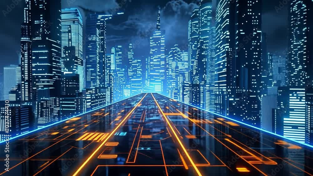 Poster a stunning futuristic city skyline showcases towering skyscrapers illuminated by neon lights, while 