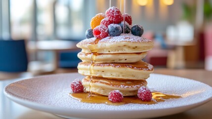 A mouthwatering stack of fluffy pancakes topped with fresh berries and drizzled with maple syrup, Pancakes arranged in a playful stack, Soft morning light for a warm glow