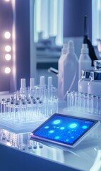 Blue lit display with liquid vials.