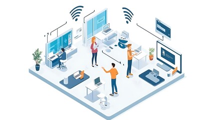 Teamwork and Collaboration in a Modern Office with Wireless Network Connection