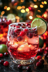 Jingle Juice Christmas cocktail garnished with fresh cranberries and lime wedges