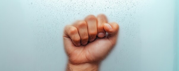 A close-up of a clenched fist pressed against a foggy surface, creating a dramatic contrast between the hand and the misted background.