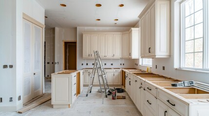 Transforming Spaces Bright White Kitchen Under Construction with Open Counter, Window View, Anticipation of Completion Real Estate, Renovation Concept