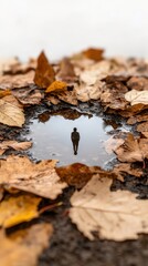 Fototapeta premium A serene reflection of a person surrounded by autumn leaves, captured in a puddle amidst the earthy tones of fall.