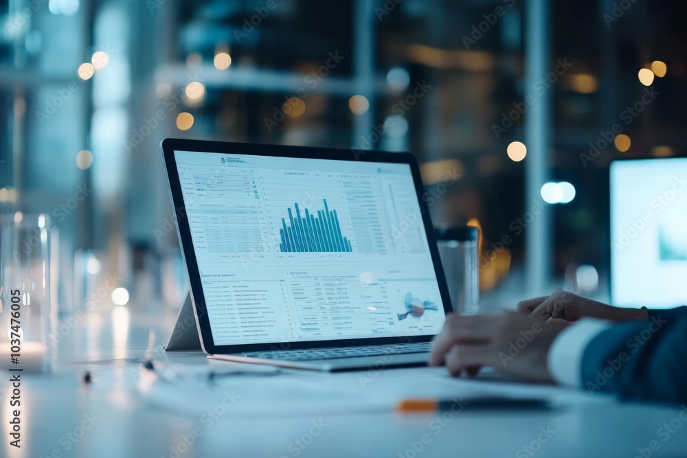 Poster a person analyzes complex data visualizations on a futuristic laptop screen in a dimly lit office, r
