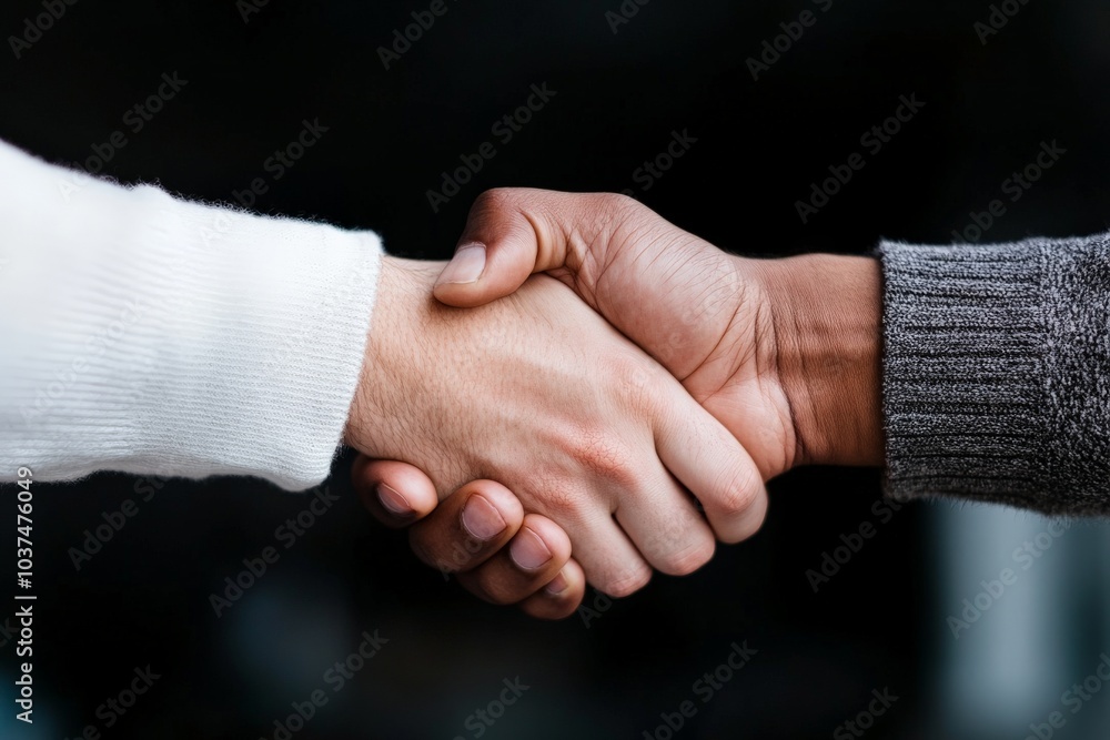 Poster hands of two diverse individuals in different attire are shaking hands, signifying unity and agreeme