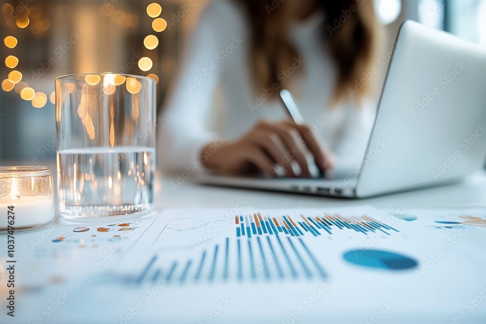 Poster a focused businesswoman types on her laptop at a desk with printed graphs and statistics, emphasizin