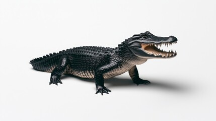 Naklejka premium Menacing Black Alligator Roaring in Detail Against White Background, Intense Wildlife Predator Closeup for Educational Materials and Artistic Concepts