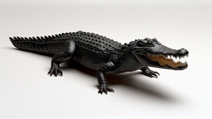 Naklejka premium Elegant Black Alligator in Close-Up View on White Background - Exquisite Reptilian Beauty with Detailed Scales and Glossy Texture, Minimalist Wildlife Concept for Design Projects