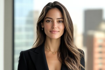 Fototapeta premium A poised woman in a sleek black blazer stands against a soft-focused cityscape, exuding confidence, strength, and modern femininity, embodying elegance and charm.