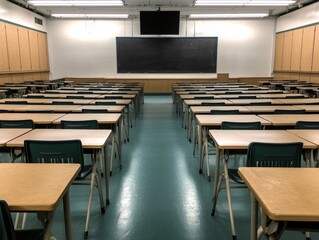 Symmetrical Classroom Interior with Empty Desks and Chairs, Educational Setting with Chalkboard, Wooden Furniture, Quiet Atmosphere for Study or Learning Concept, Realistic School Environment