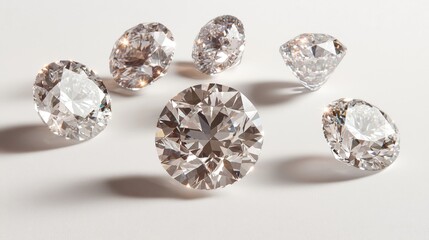 Dazzling Diamond Symphony Macro View of Sparkling Gemstones on White Surface - Luxurious Elegance and Refinement