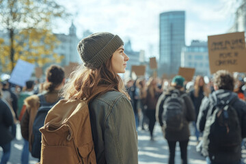 Fototapeta premium Young woman attending a peaceful protest in the city