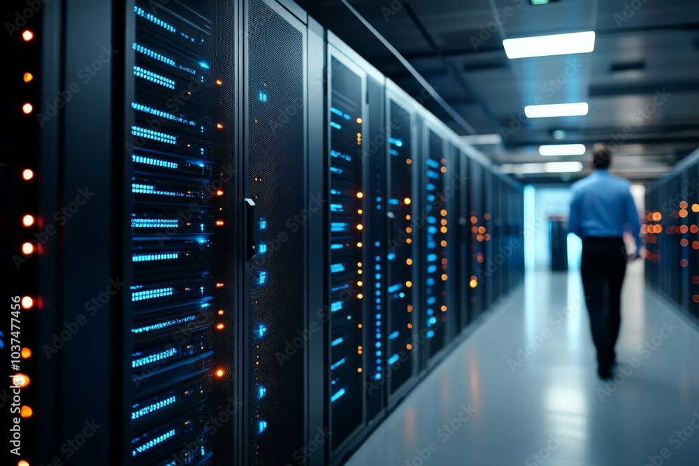Poster a long, illuminated hallway lined with server racks in a data center, illustrating the complex netwo