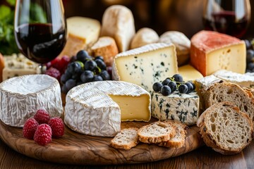 Delicious cheese plate with red wine and grapes on wooden table