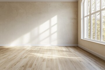 Tranquil Minimalist Room Corner with Beige Textured Wall and Sunlit Window, Serene Interior Design Concept