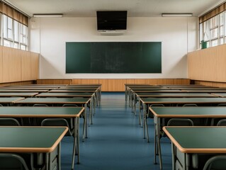 Symmetrical Stillness Tranquil Empty Classroom with Blank Chalkboard, Anticipatory Mood
