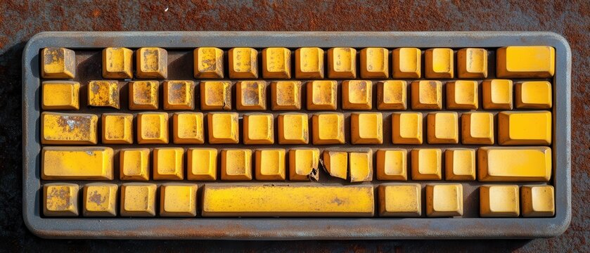 A vintage-style keyboard with worn yellow keys, showing signs of use and age, placed on a textured surface.