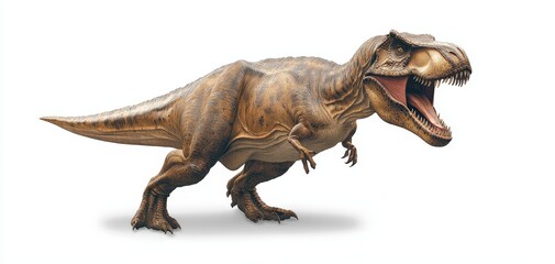 Fototapeta premium Roaring Realistic Tyrannosaurus Rex Dinosaur Illustration on White Background - Fierce Prehistoric Predator in Detailed Close-up View, Dinosaur Anatomy and Aggression Concept