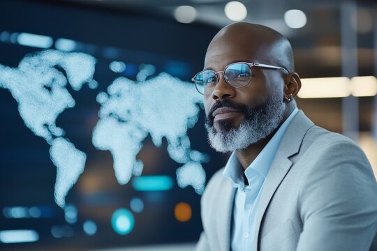 A man with glasses and a beard looks thoughtfully at a digital map in a modern office, representing intelligence and strategic global planning.