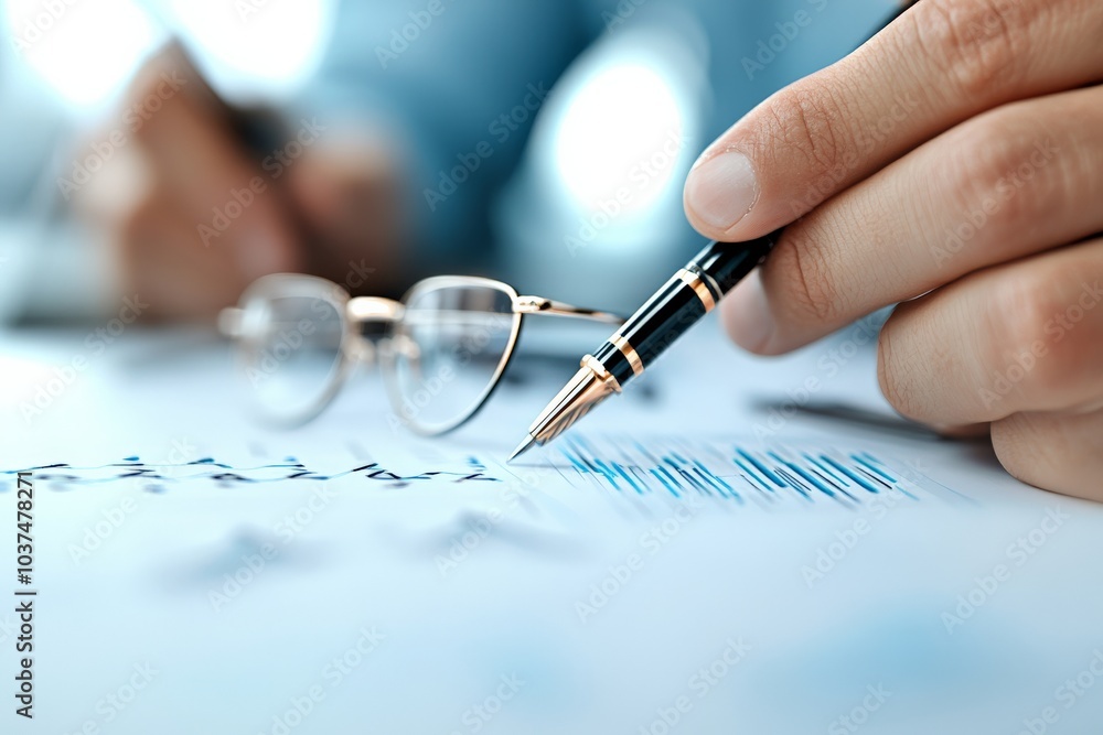 Poster hand poised with pen over a graph in a modern workspace, signifying precision, analysis, data interp