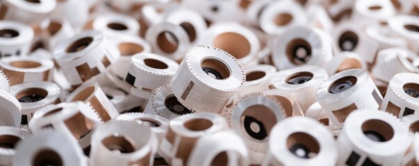 A close-up view of numerous small, circular paper rolls stacked together, showcasing their texture and color variations.