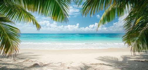 Fototapeta premium Tropical Bliss Symmetrical Palm Fronds Frame Tranquil Azure Beach and Ocean - Serene Vacation Escape with Vibrant Blues and Silky Sands