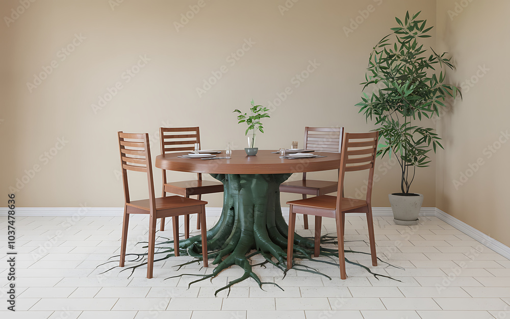 Wall mural Modern dining room with a tree growing through the floor  brown wood and green leaves   Nature and interior design 